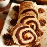 Sliced Spiced Apple Caramel Cream Cake Roll topped with caramel drizzle.