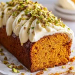 Spiced sweet potato loaf with cream cheese and pistachio topping on a plate