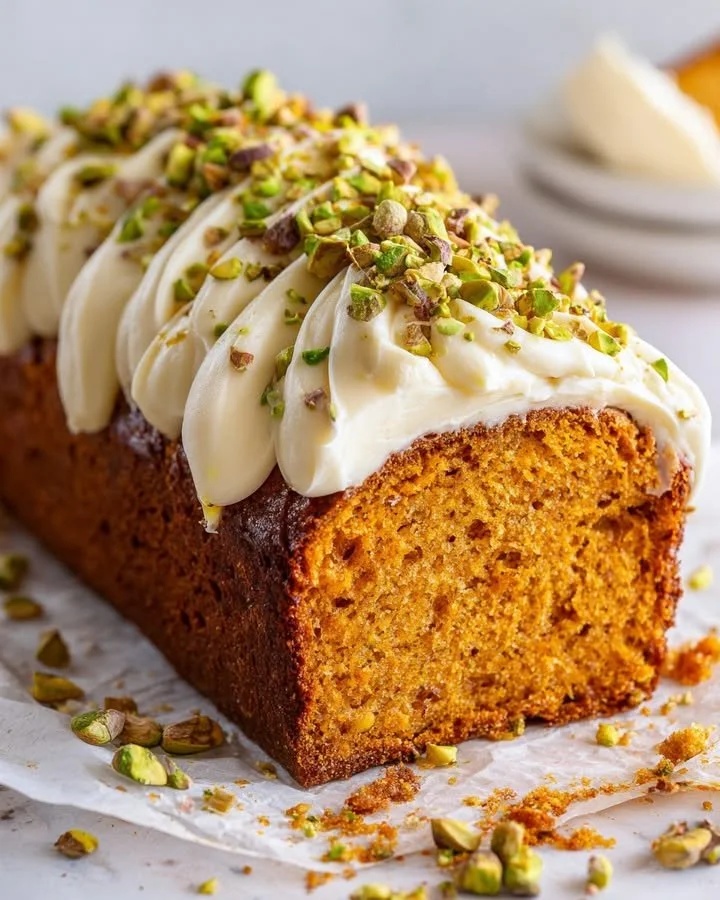 Spiced sweet potato loaf with cream cheese and pistachio topping on a plate