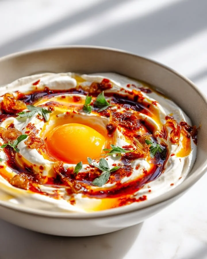 Delicious Spicy Butter Yogurt Bowl with crispy shallots and 7-minute egg