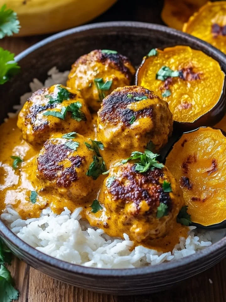Delicious spicy chicken meatballs served with acorn squash and coconut sauce.