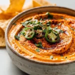 Spicy cottage cheese queso dip served in a bowl with tortilla chips