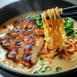 Spicy garlic chicken ramen bowl with flavorful broth and fresh toppings