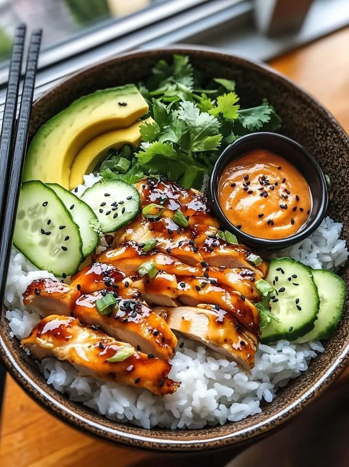 Spicy Honey-Ginger Chicken Bowl with Yum Yum Sauce served in a colorful dish