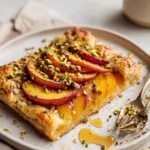 Spicy Peach Galette topped with Pistachio Crunch, showcasing a delicious dessert.