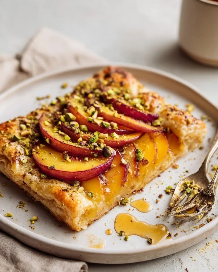 Spicy Peach Galette topped with Pistachio Crunch, showcasing a delicious dessert.