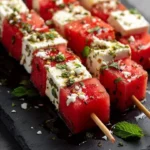 Delicious spicy watermelon feta skewers with mint-chili syrup on a platter.