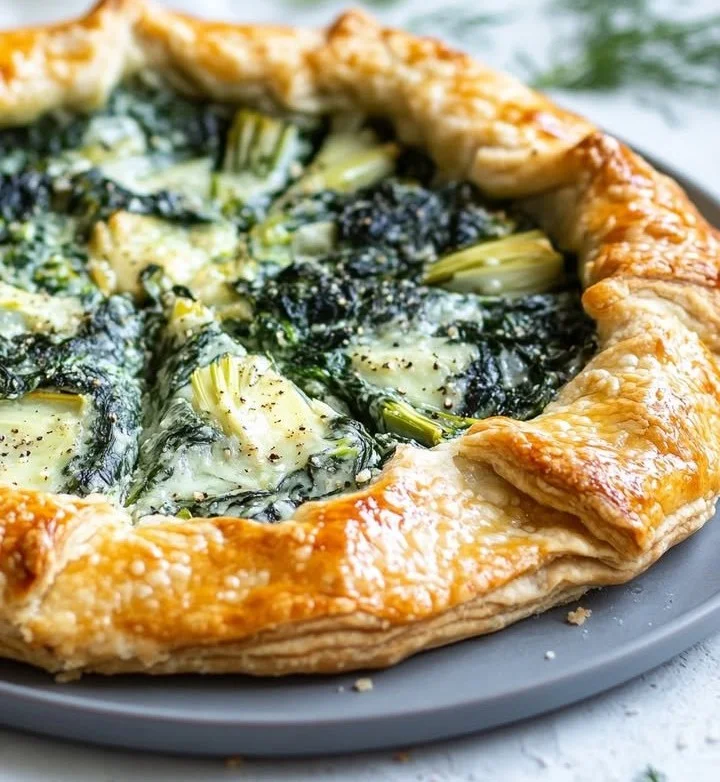 Delicious Spinach Artichoke Dip Galette served on a wooden platter