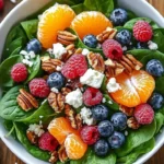 Delicious spinach salad with blueberries, raspberries, oranges, feta, and pecans in honey-balsamic dressing