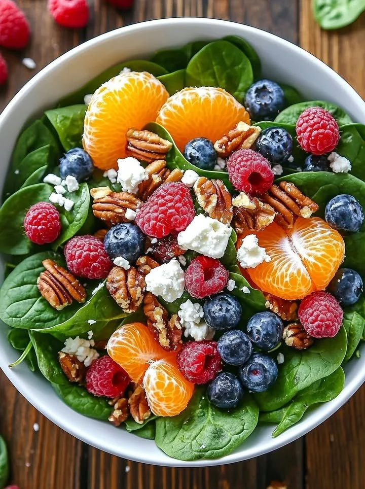 Delicious spinach salad with blueberries, raspberries, oranges, feta, and pecans in honey-balsamic dressing