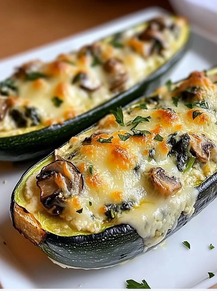 Spinach, mushroom, and ricotta stuffed zucchini dish ready to eat