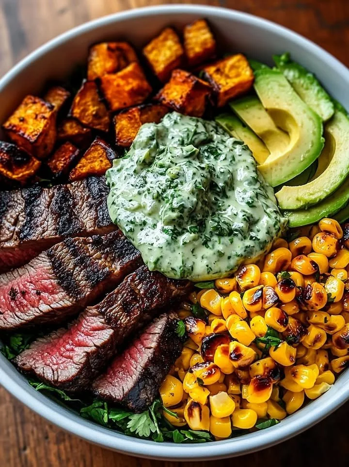 Steak bowl with avocado, roasted corn, and cilantro cream sauce