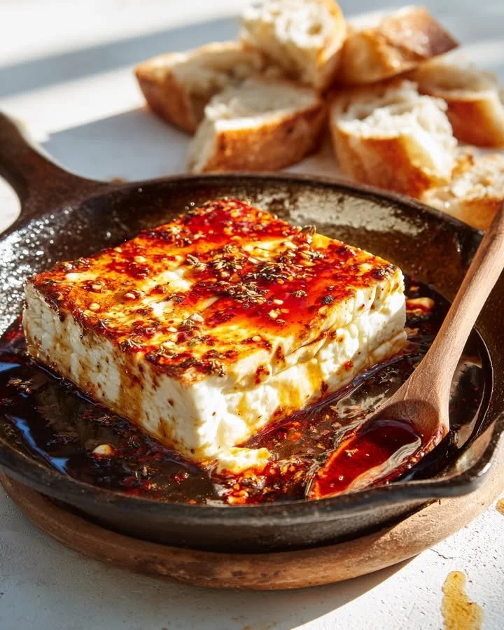 Delicious sticky-spicy feta skillet topped with honey chili glaze