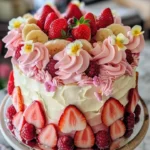 Strawberry and Banana Fairy Tale Cake decorated with fresh fruits and frosting