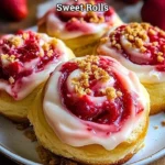 Freshly baked strawberry cheesecake sweet rolls drizzled with cream.