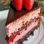 Strawberry Chocolate Ganache Cheesecake with fresh strawberries and chocolate drizzle