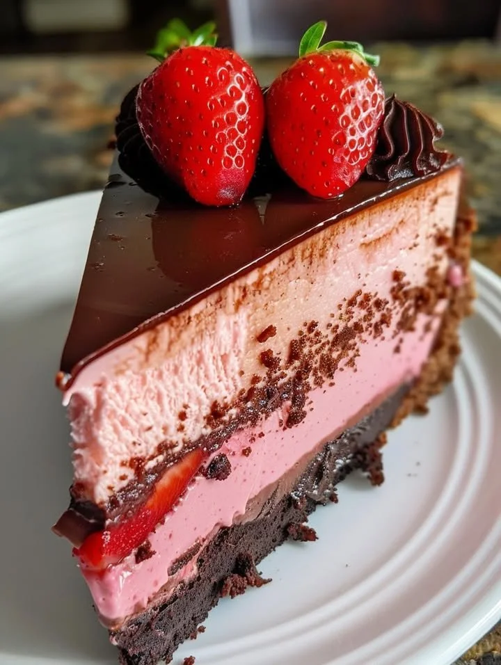 Strawberry Chocolate Ganache Cheesecake with fresh strawberries and chocolate drizzle