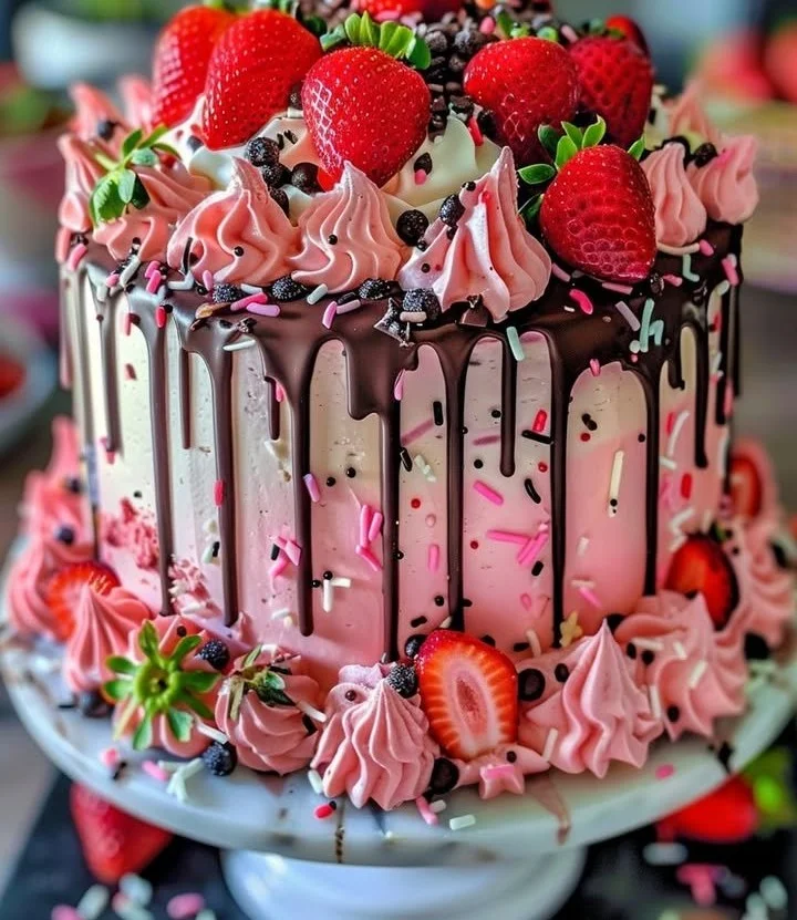 Gorgeous Strawberry Drip Cake adorned with fresh strawberries and drizzled icing