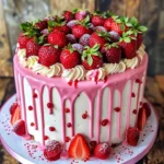 Delicious strawberry drip cake topped with fresh strawberries and chocolate ganache.