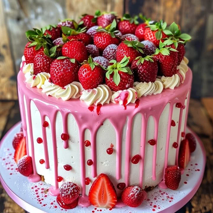 Delicious strawberry drip cake topped with fresh strawberries and chocolate ganache.
