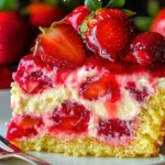 A decadent Strawberry Earthquake Cake topped with fresh strawberries and cream
