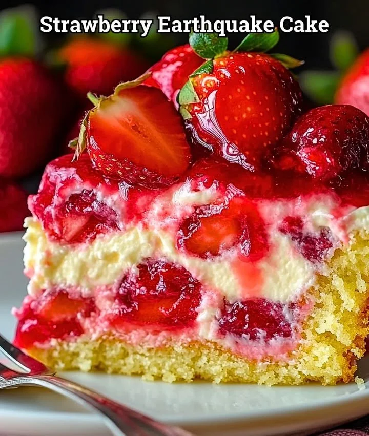 A decadent Strawberry Earthquake Cake topped with fresh strawberries and cream