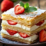 Strawberry Mascarpone Napoleon dessert with fresh strawberries and flaky layers