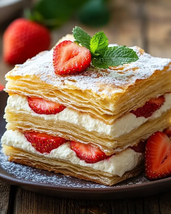 Strawberry Mascarpone Napoleon dessert with fresh strawberries and flaky layers