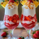 Refreshing Strawberry Piña Colada with Malibu whipped topping in a glass