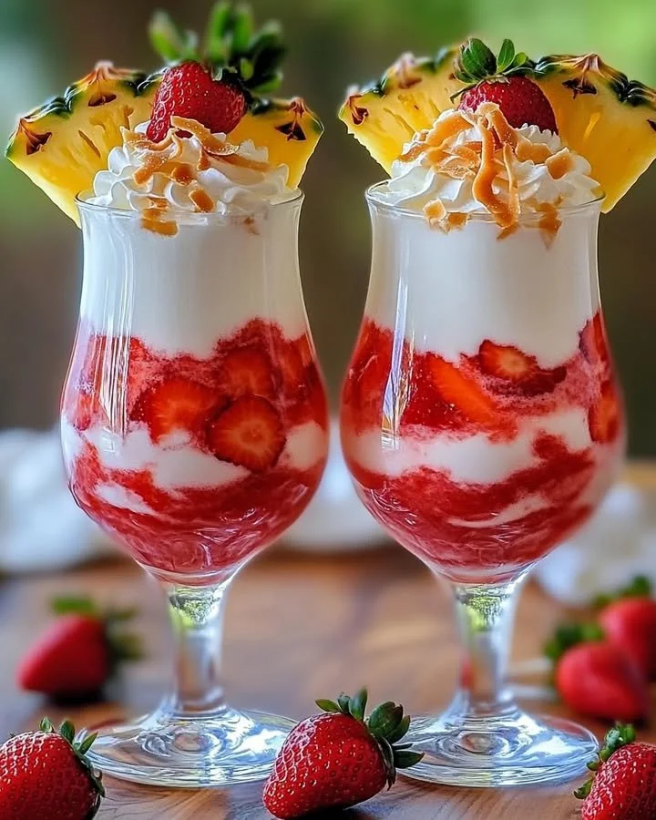 Refreshing Strawberry Piña Colada with Malibu whipped topping in a glass