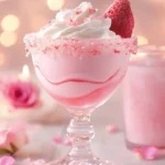 Strawberry Rose Mocktini garnished with fresh strawberries and rose petals