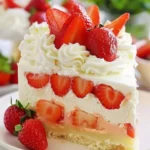 Delicious Strawberry Shortcake Cheesecake slice on a plate with fresh strawberries