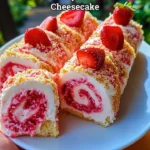 Delicious Strawberry Shortcake Cheesecake topped with fresh strawberries and whipped cream.