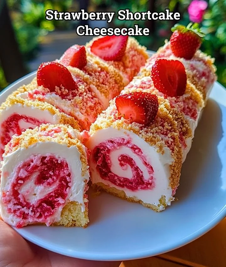 Delicious Strawberry Shortcake Cheesecake topped with fresh strawberries and whipped cream.