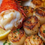 Succulent garlic butter lobster and scallops garnished with fresh herbs.
