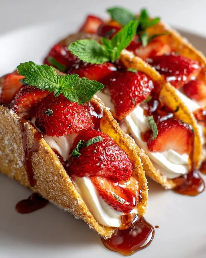 Sweet cinnamon dessert tacos filled with tasty ingredients on a plate