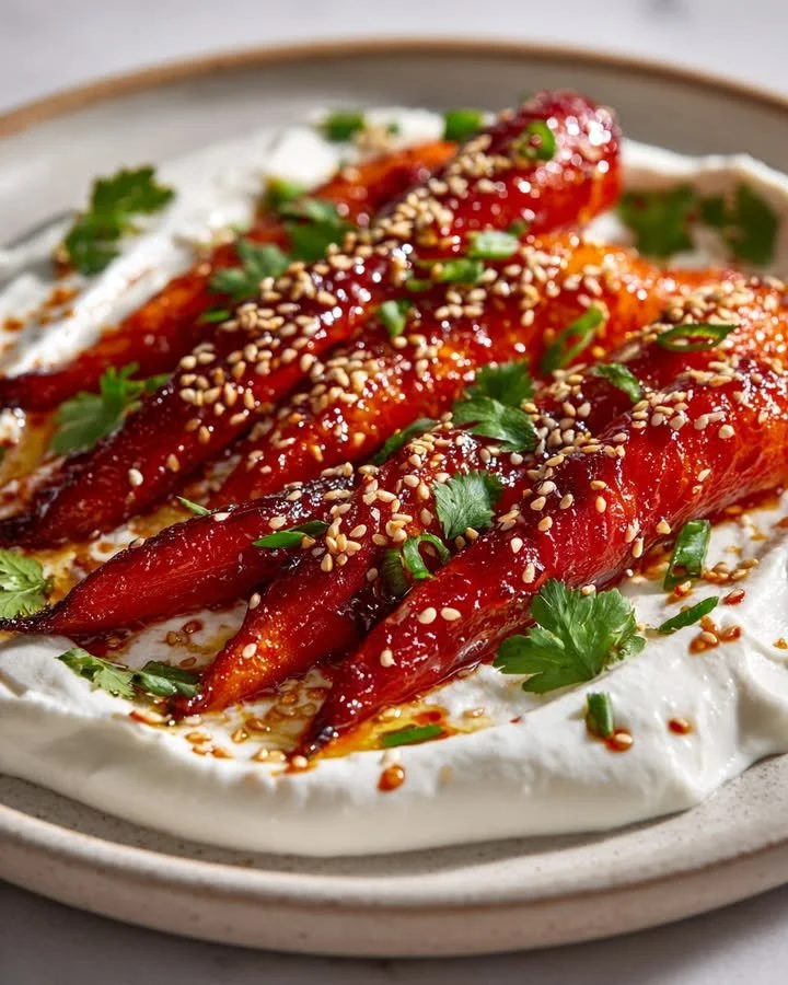 Sweet Heat Carrots with Gochujang Glaze served on a white plate