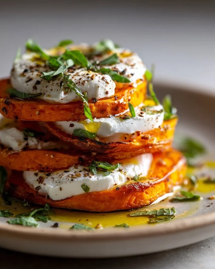 Delicious Sweet Potato and Burrata Stacks plated elegantly.