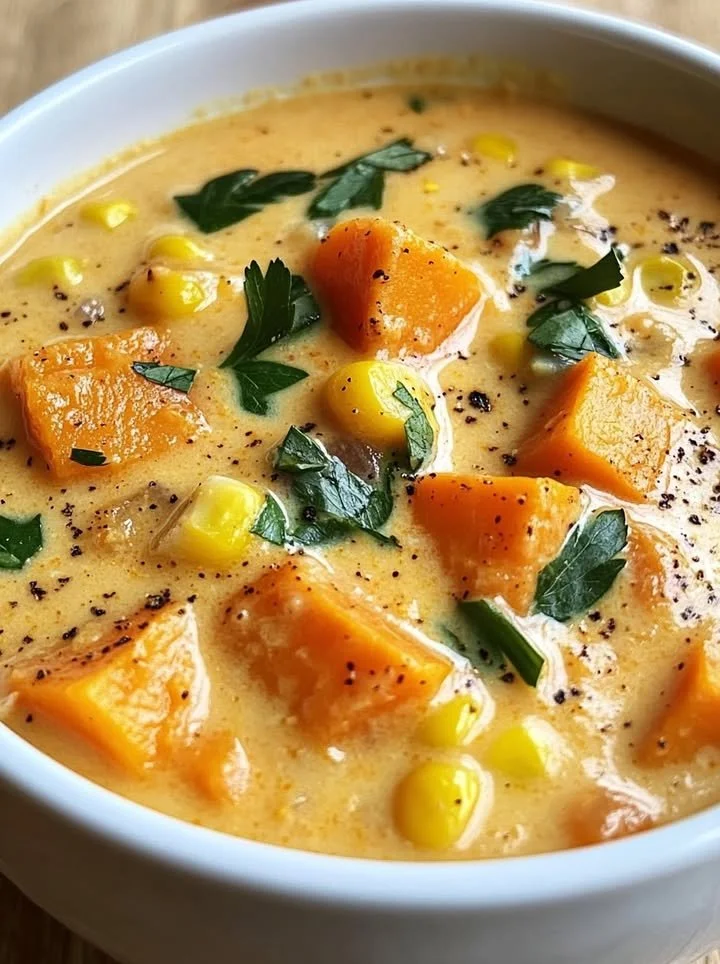 Delicious bowl of sweet potato chowder topped with herbs and spices