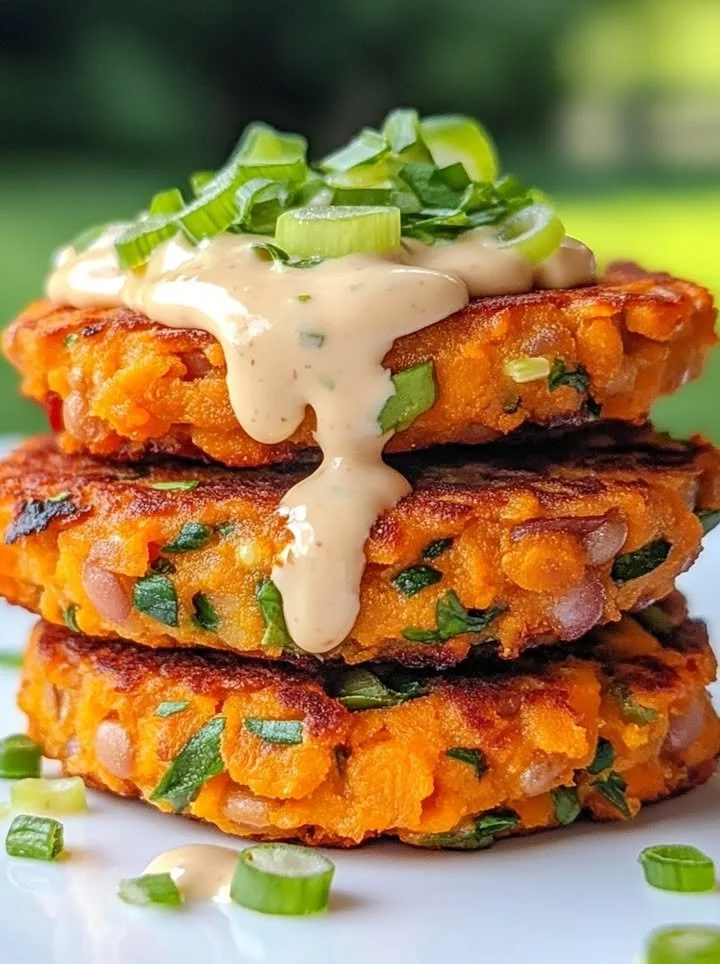 Sweet potato patties served with red lentils and tangy tahini dressing