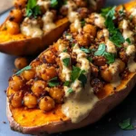 Sweet potatoes served with tahini butter chickpeas in a healthy dish