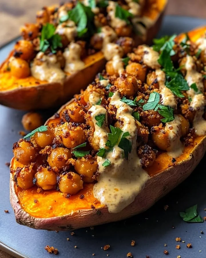 Sweet potatoes served with tahini butter chickpeas in a healthy dish