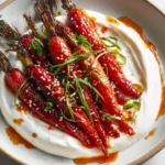 Swicy gochujang and honey glazed carrots on a bed of savory yogurt