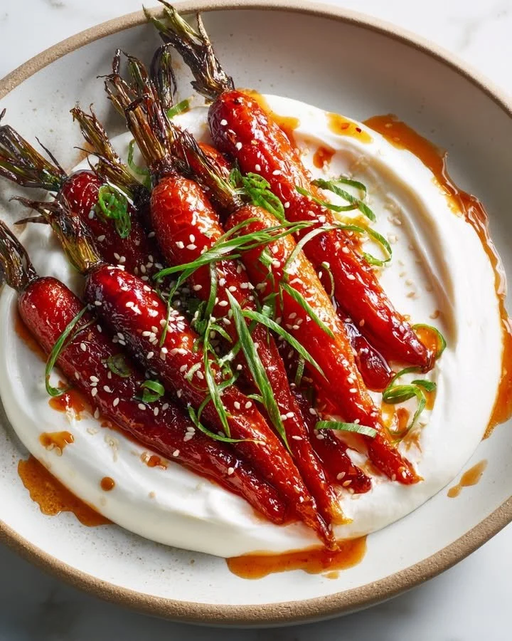 Swicy gochujang and honey glazed carrots on a bed of savory yogurt