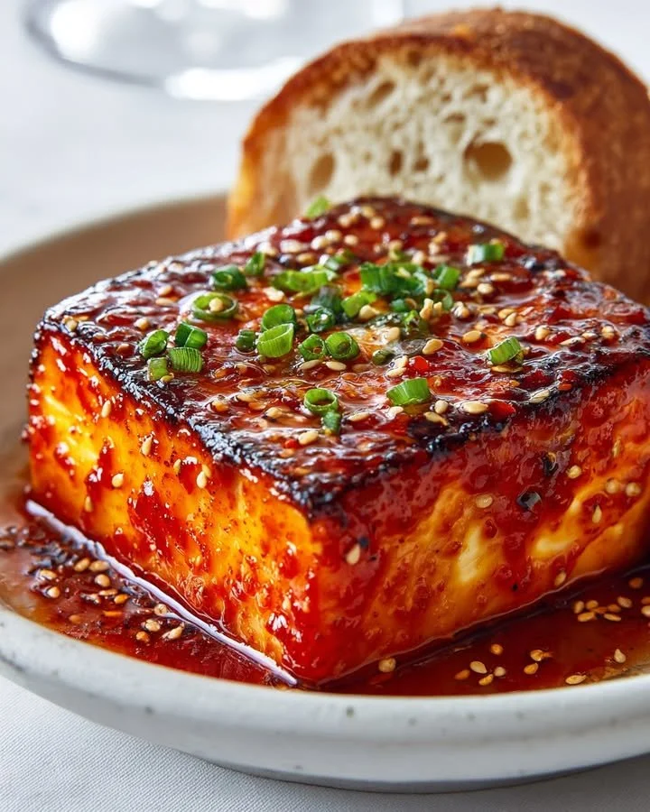Swicy Gochujang Maple Feta Bomb served on a wooden platter with garnishes.
