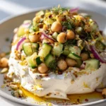 Swicy Orzo Salad served on whipped feta topping, garnished with fresh herbs.