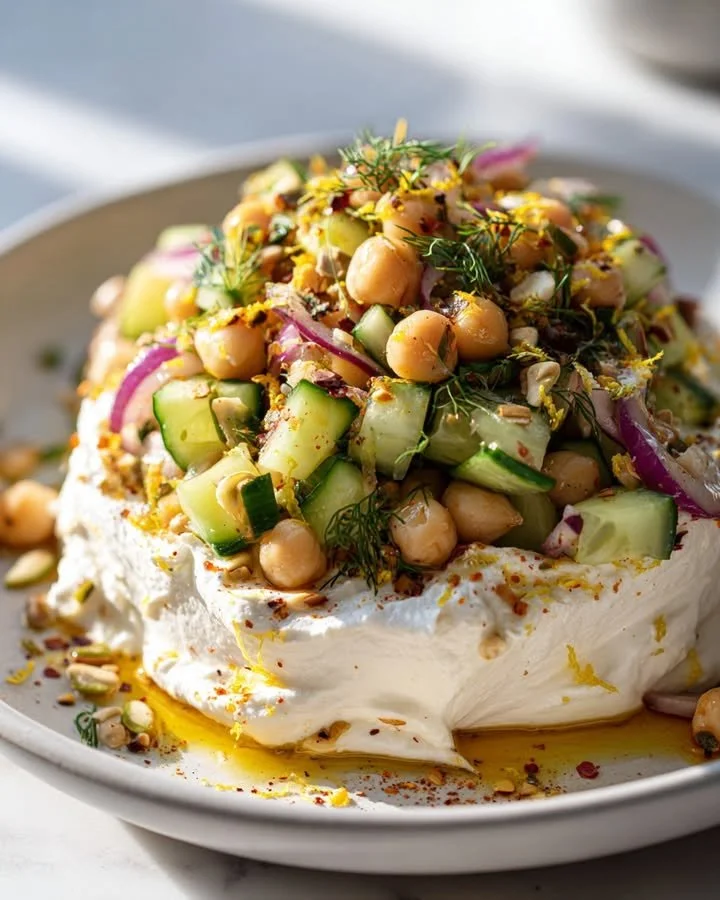 Swicy Orzo Salad served on whipped feta topping, garnished with fresh herbs.
