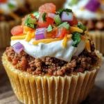 Delicious homemade Taco Cupcakes topped with lettuce, cheese, and salsa.