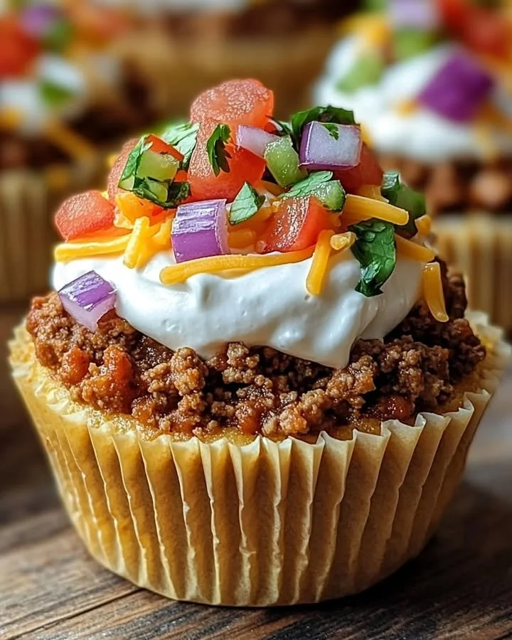 Delicious homemade Taco Cupcakes topped with lettuce, cheese, and salsa.