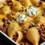 Delicious taco stuffed shells filled with seasoned beef and topped with cheese